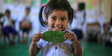 3 year old preschool student Ron Ranty holding up a khmer alphabet during a game that boosts literacy. Photo Credit: Kj Borja/Save the Children 2015 3 year old preschool student Ron Ranty holding up a khmer alphabet during a game that boosts literacy. Photo Credit: Kj Borja/Save the Children 2015