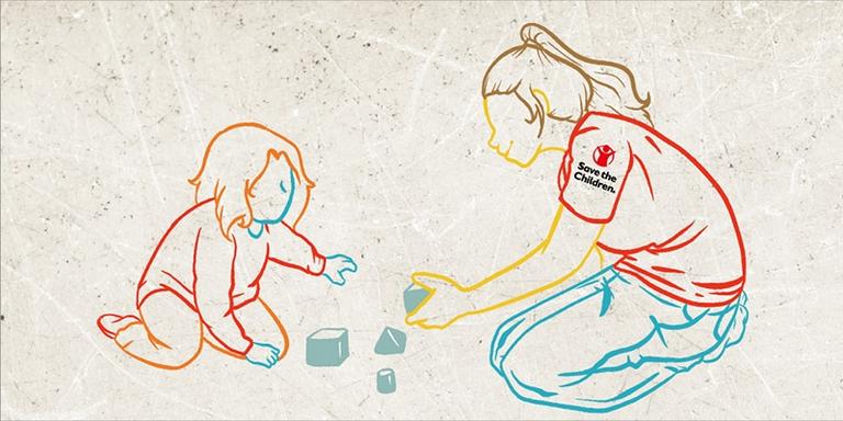 An illustration of a young Afghan refugee playing with blocks with a Save the Children staffer in a transit shelter. An illustration of a young Afghan refugee playing with blocks with a Save the Children staffer in a transit shelter.