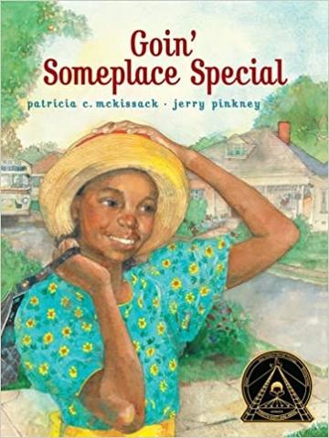 Goin’ Somewhere Special book cover featuring, a cute brown-skin girl wearing a straw hat & a teal dress with yellow flowers on it. Goin’ Somewhere Special book cover featuring, a cute brown-skin girl wearing a straw hat & a teal dress with yellow flowers on it.