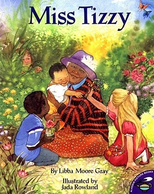 Miss Tizzy book cover showing a happy, elderly Black woman surrounded by children in a beautiful garden. Miss Tizzy book cover showing a happy, elderly Black woman surrounded by children in a beautiful garden.