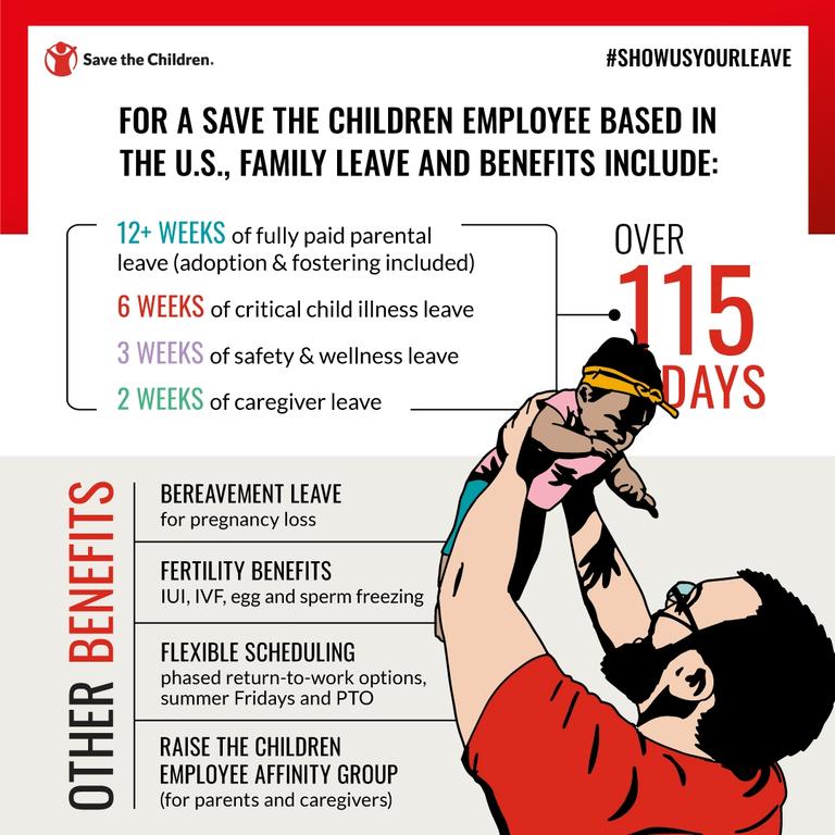 Infographic explaining company leave benefits includes a father with glasses holding up his baby. Infographic explaining company leave benefits includes a father with glasses holding up his baby.