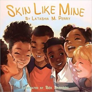 Skin Like Mine book cover featuring children of all different colors smiling and laughing together. Skin Like Mine book cover featuring children of all different colors smiling and laughing together.