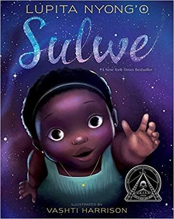 Sulwe book cover features, a gorgeous young girl with dark skin wearing a gold necklace reaching towards something. Sulwe book cover features, a gorgeous young girl with dark skin wearing a gold necklace reaching towards something.