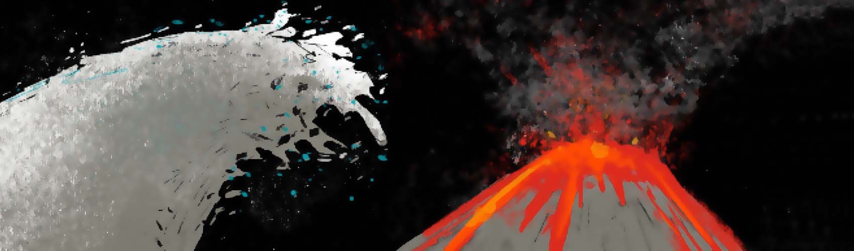 An illustration of an erupting volcano side-by-side a tsunami.