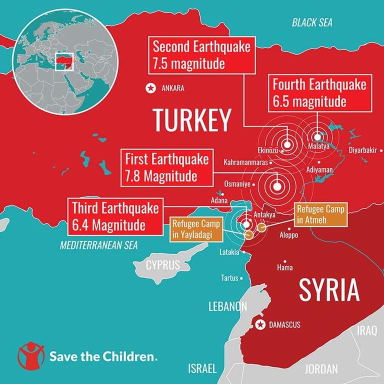 A map of Turkey and Syria showing where the 7.8 magnitude hit in relation to refugee camps near the borders. A map of Turkey and Syria showing where the 7.8 magnitude hit in relation to refugee camps near the borders.