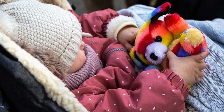 A Ukrainian refugee baby wears a hat while holding a stuffed animal. A Ukrainian refugee baby wears a hat while holding a stuffed animal.