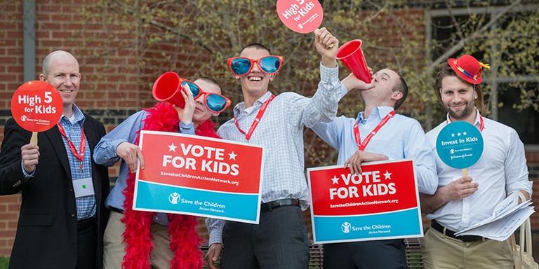 A group of teenagers with save the children sunglasses and bull horns at the Advocacy Summit in Washington, D.C. A group of teenagers with save the children sunglasses and bull horns at the Advocacy Summit in Washington, D.C.