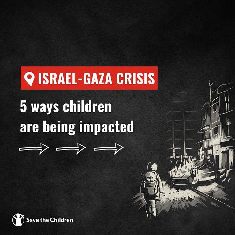 A graphic that reads: 5 Ways Children are Impacted by the Gaza Israel Conflict. A graphic that reads: 5 Ways Children are Impacted by the Gaza Israel Conflict.