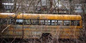 An abandon yellow school bus with broken windows rust in a field in County, West Virginia. An abandon yellow school bus with broken windows rust in a field in County, West Virginia.
