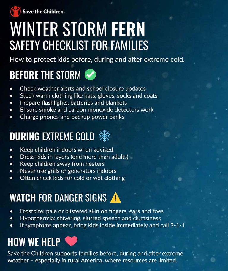 An infographic with a checklist for how families can keep children safe during a winter storm. An infographic with a checklist for how families can keep children safe during a winter storm.