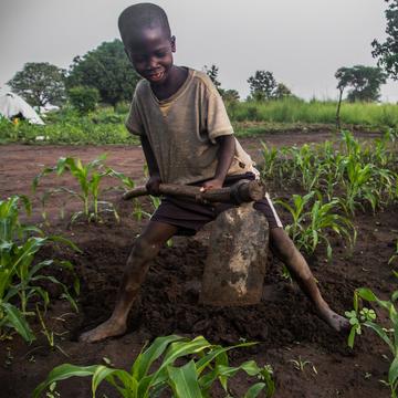 Joseph* digs on his family's small plot of land where they have planted maize. He lives in Boroli Camp, Uganda, where he attends Save the Children's child-friendly space. Photo Credit: Mark Kaye/Save the Children 2014. Joseph* digs on his family's small plot of land where they have planted maize. He lives in Boroli Camp, Uganda, where he attends Save the Children's child-friendly space. Photo Credit: Mark Kaye/Save the Children 2014.