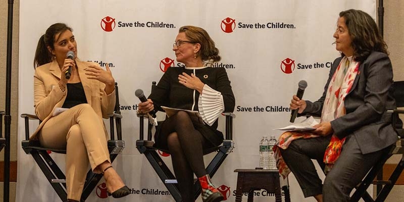 Save the Children US President and CEO Janti Soeripto, far right, moderates a panel discussion during the Catalyzing Change event on September 21, 2023 at the Harvard Club in New York City. Save the Children US President and CEO Janti Soeripto, far right, moderates a panel discussion during the Catalyzing Change event on September 21, 2023 at the Harvard Club in New York City.